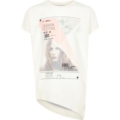 Girls cream fashion print asymmetric t-shirt